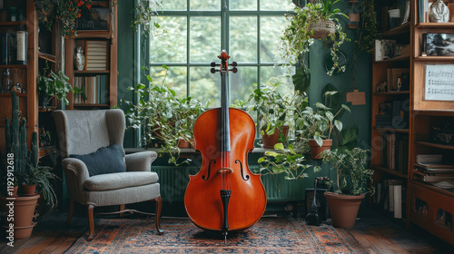 A musician corner featuring a cello, sheet music, and a cozy chair photo