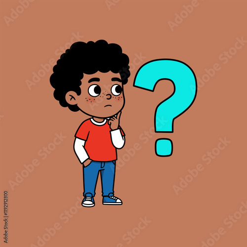 A cartoon boy with freckles is thoughtfully considering a large question mark beside him.