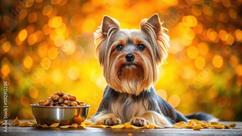 Cute Yorkie puppy's snack time:  A picture-perfect moment of adorable canine food photography. photo