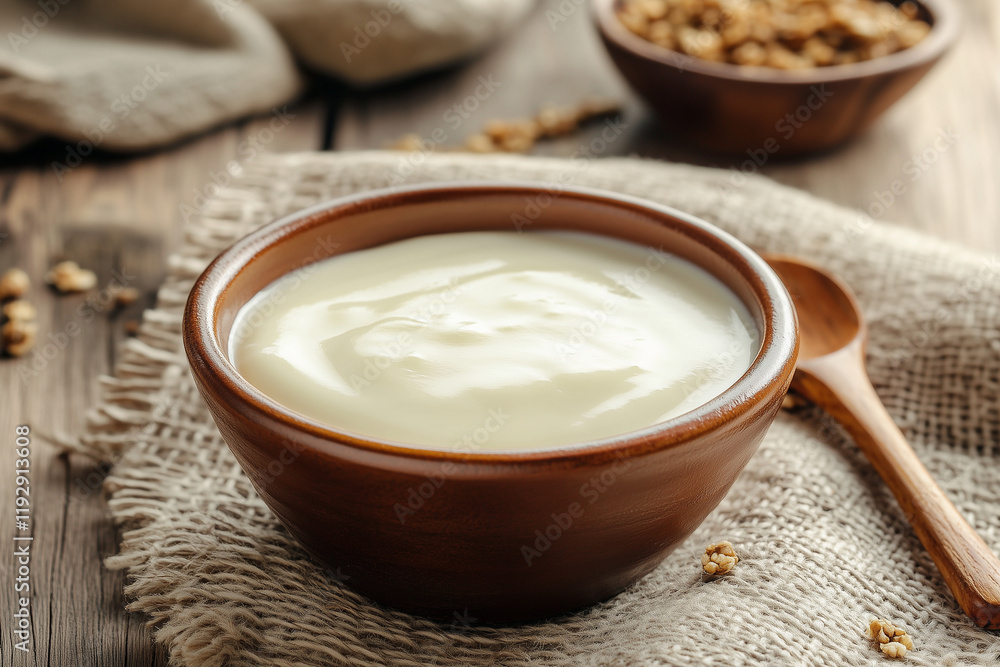 Creamy yogurt in a rustic wooden bowl on a textured table Creamy yogurt in a rustic wooden bowl on a textured table