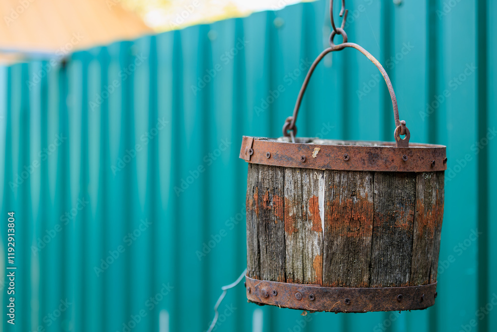 Rustic wooden bucket hanging on turquoise fence on a sunny day Rustic wooden bucket hanging on turquoise fence on a sunny day