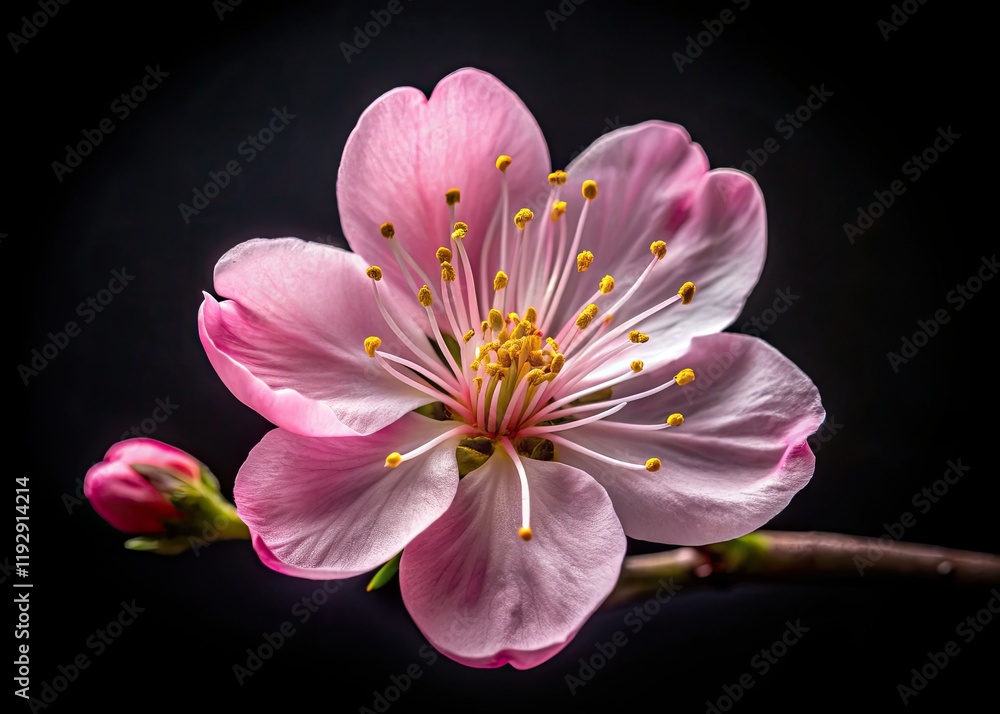 Fototapeta premium Delicate pink cherry blossoms, crisply isolated on black, showcasing spring's vibrant bloom.