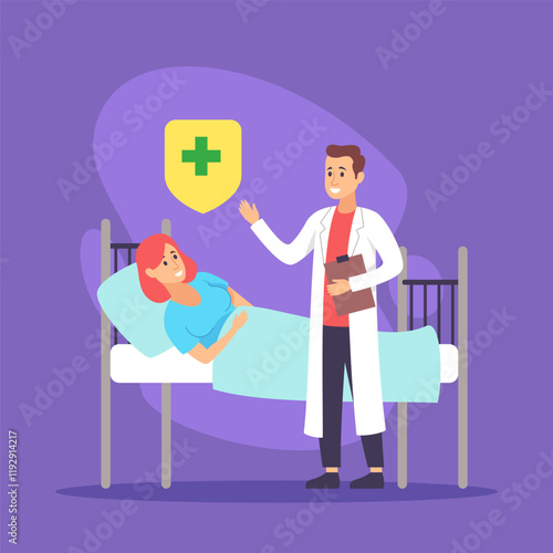 Doctor examining female patient in hospital bed vector illustration. Sick woman in bed, doctor giving treatment, shield with cross on background . Medicine, treatment, hospital and healthcare concept