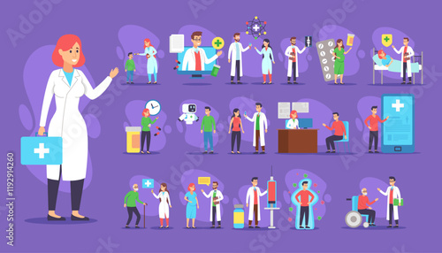 Doctors and patients vector illustrations set. Medical specialists giving treatment to patients, sick people taking pills and getting online consultation. Medicine and healthcare concept