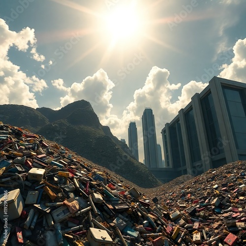 Environmental damage near technological advancements of the modern space industry. city town. Aerial view of a large pile of household waste in front of a modern office building.  photo