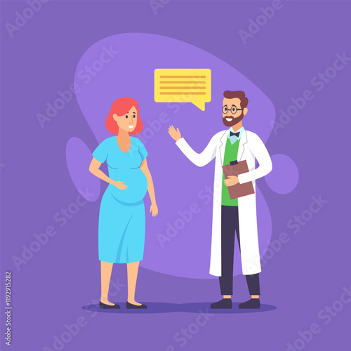Pregnant woman chatting with doctor vector illustration. Medical specialist in white coat giving consultation to pregnant woman. Medicine, pregnancy and healthcare concept