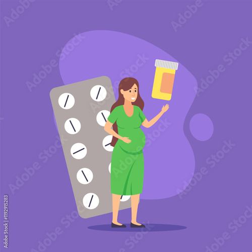 Pregnant woman taking vitamins vector illustration. Female cartoon character with huge jar of pills and blister of tablets. Medicine, pregnancy and healthcare concept