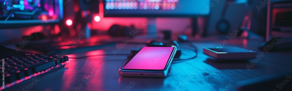 A glowing smartphone and gaming PC with vibrant lighting, symbolizing modern gaming and tech integration. A glowing smartphone and gaming PC with vibrant lighting, symbolizing modern gaming and tech integration.