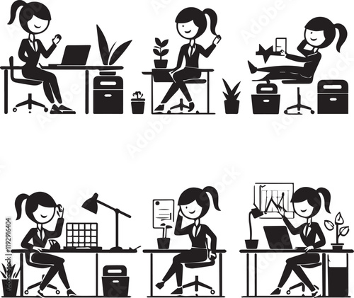 Black and white illustration of stick figure businesswomen in office scenes with teamwork and desks