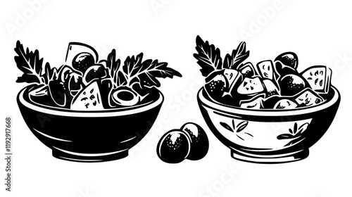 Collection of Greek salad with olives digital art, Greek salad with olives vector graphic, repetitive pattern