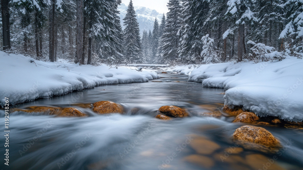 A serene river flowing through a snow-covered forest during winter A serene river flowing through a snow-covered forest during winter