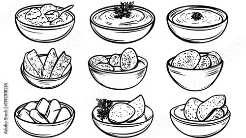 Collection of Hummus with Pita Bread icons, Hummus with Pita Bread illustration art, seamless pattern