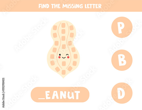 Find missing letter with cartoon peanut. Spelling worksheet.