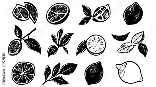 Collection of Lemon zest icons, Lemon zest illustration art, seamless pattern