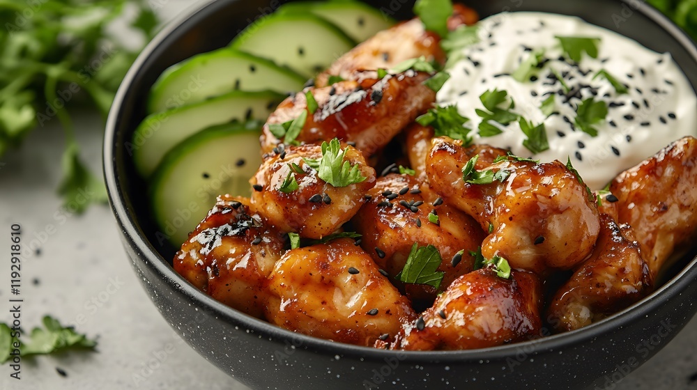 Glossy chicken wings nestle in black ceramic bowl alongside cucumber and yogurt dip, garnished with parsley and sesame seeds, presented on white marble in professional styling. Glossy chicken wings nestle in black ceramic bowl alongside cucumber and yogurt dip, garnished with parsley and sesame seeds, presented on white marble in professional styling.