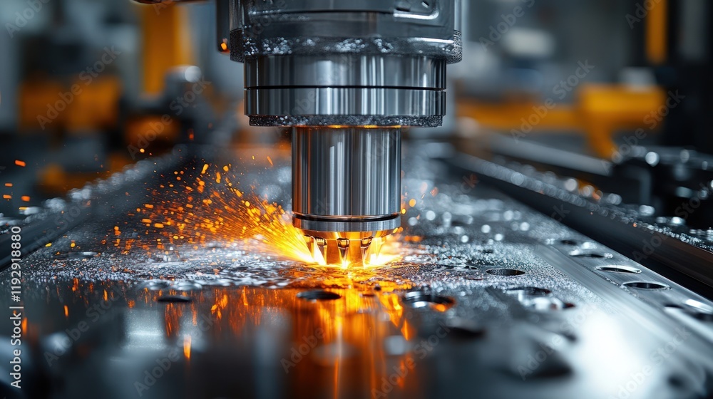 Close-up of CNC machine cutting metal, sparks flying. Close-up of CNC machine cutting metal, sparks flying.