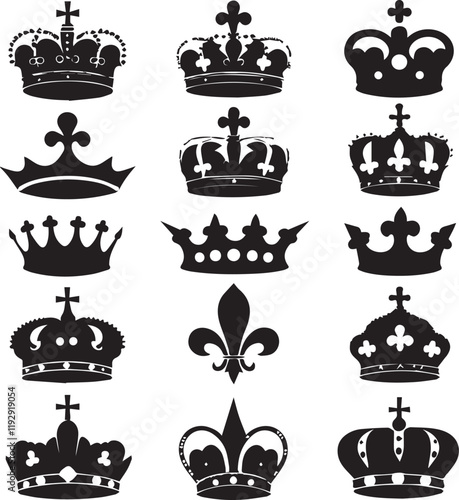 Royal crowns black and white illustration heraldic symbols regal headwear ornate designs monarchical emblems