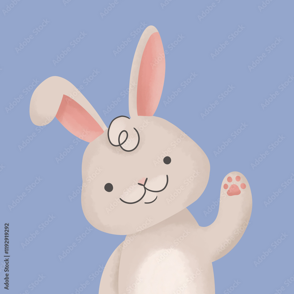 Adorable Cartoon Bunny Waving on Blue Background Adorable Cartoon Bunny Waving on Blue Background