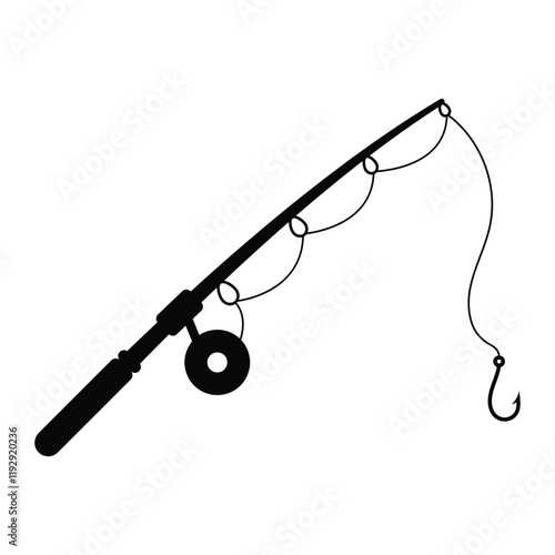 Fishing rod vector icon. Angling equipment symbol for outdoor leisure, sport fishing, and recreation design. Black silhouette isolated on white background.