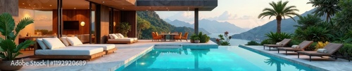 Luxurious living room adjacent to expansive swimming pool  wood accents  natural stone