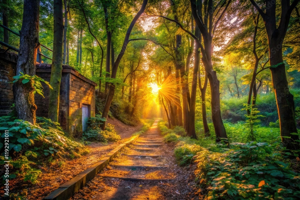 Golden hour paints a sunlit forest path, perfect for urban exploration and sunset photography adventures. Golden hour paints a sunlit forest path, perfect for urban exploration and sunset photography adventures.