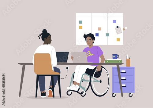 In a well-designed workspace, coworkers assist one another, with one user in a wheelchair using a laptop, highlighting teamwork and adaptability in a professional setting