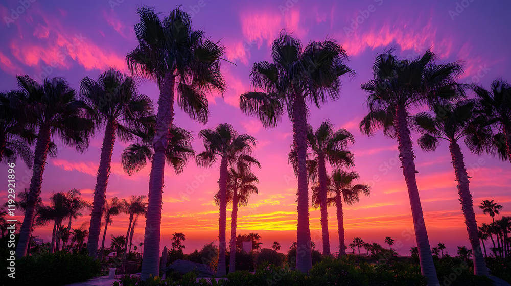 Obraz premium palm trees at sunset in purple and pink tones for background