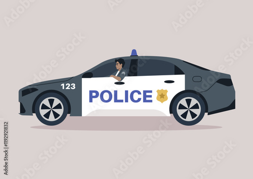A police officer actively patrolling the urban streets, displaying commitment to community safety while navigating in their marked cruiser