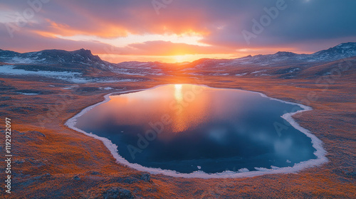 A tundra landscape with sparse vegetation and icy lakes under a dramatic cloudy sky