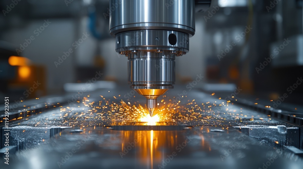 Close-up of industrial CNC machine cutting metal with sparks. (1) Close-up of industrial CNC machine cutting metal with sparks. (1)