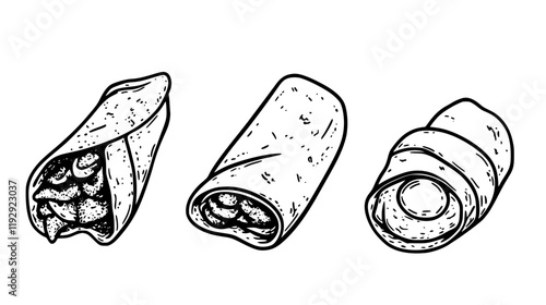 Collection of Breakfast burrito with eggs and bacon icons, Breakfast burrito with eggs and bacon illustration art, seamless pattern