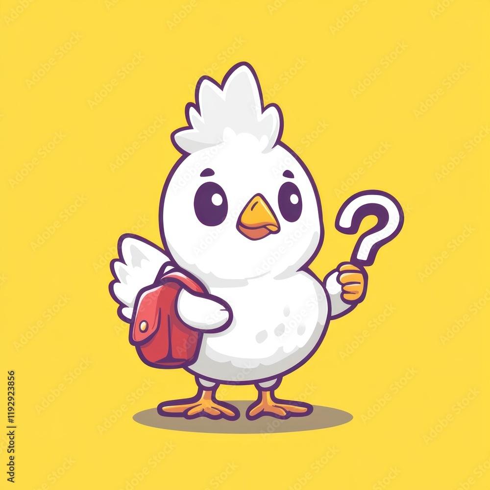 Curious chick with backpack holding question mark on yellow background Curious chick with backpack holding question mark on yellow background