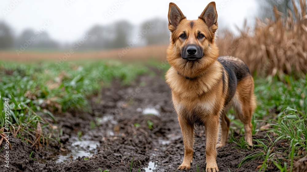 Naklejka premium Cute Dog Standing in Open Field