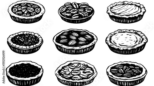 Collection of Pecan pie icons, Pecan pie illustration art, seamless pattern