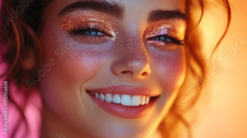 Wallpaper Mural Close-up of artistic glitter makeup on a smiling woman. Represents creativity, boldness, and fashion-forward concepts for beauty editorials and style inspirations. Torontodigital.ca