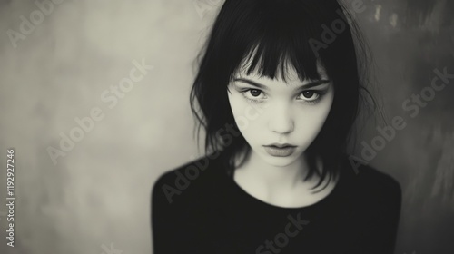 Monochrome portrait of a young woman with dark hair and intense gaze.