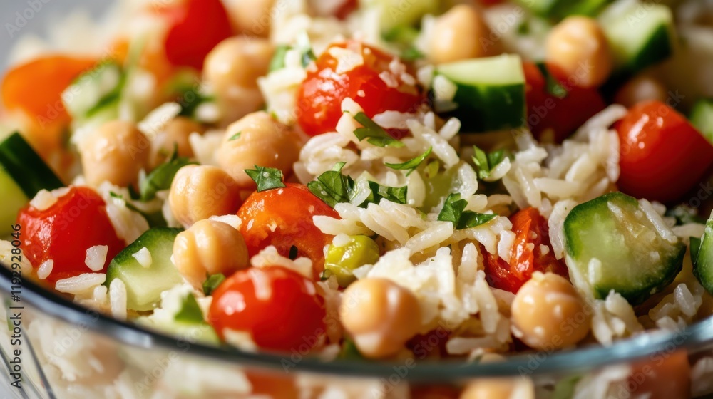 Close-up of rice and chickpea salad with cherry tomatoes and cucumbers in a glass bowl, showcasing fresh and tangy flavors. Ideal for summer salads and healthy eating. Close-up of rice and chickpea salad with cherry tomatoes and cucumbers in a glass bowl, showcasing fresh and tangy flavors. Ideal for summer salads and healthy eating.