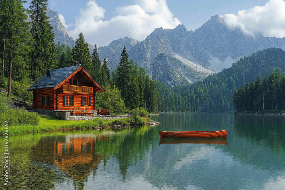 Fototapeta premium Cabane paisible au bord d’un lac de montagne avec barque et eau cristalline