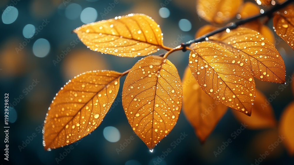 Golden autumn leaves adorned with raindrops for fall season aesthetic and nature inspiration Golden autumn leaves adorned with raindrops for fall season aesthetic and nature inspiration