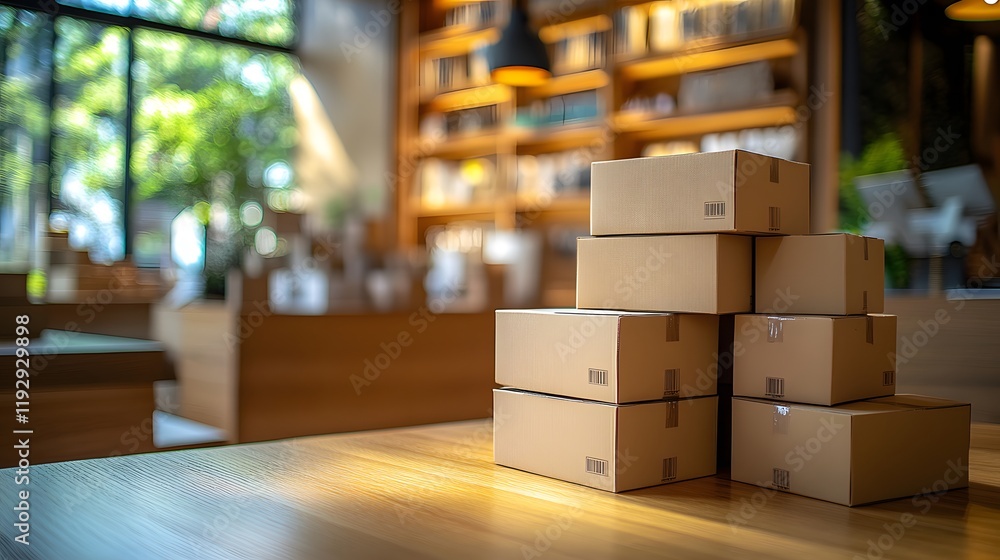 Cardboard boxes stack neatly against blurred office setting, creating corporate atmosphere with bokeh effect and warm ambient lighting in clean workspace environment. Cardboard boxes stack neatly against blurred office setting, creating corporate atmosphere with bokeh effect and warm ambient lighting in clean workspace environment.