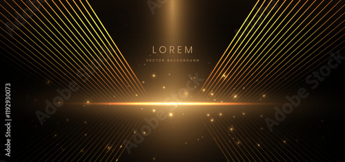 Abstract elegant gold glowing line with lighting effect sparkle on black background.