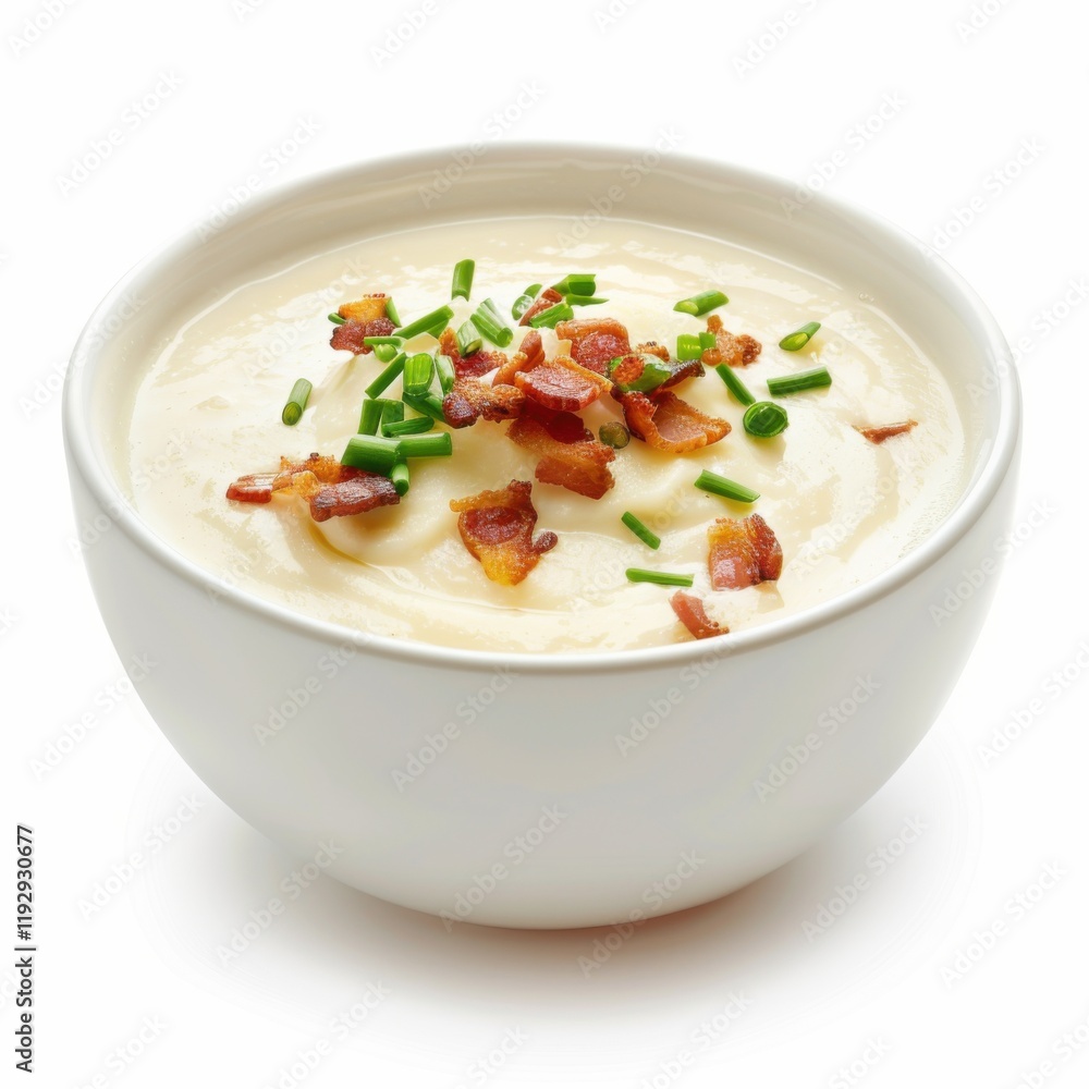 A bowl of creamy cauliflower soup with crispy bacon bits and chives, isolated white background, realistic art style A bowl of creamy cauliflower soup with crispy bacon bits and chives, isolated white background, realistic art style