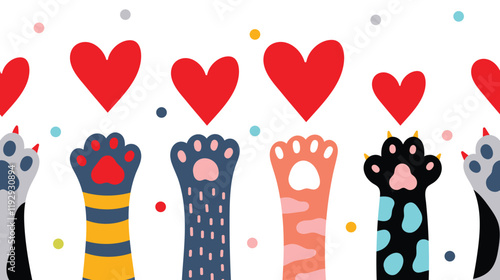 Seamless border colored cat paws and htarts.Vector illustration. Cute Valentine's Day illustration