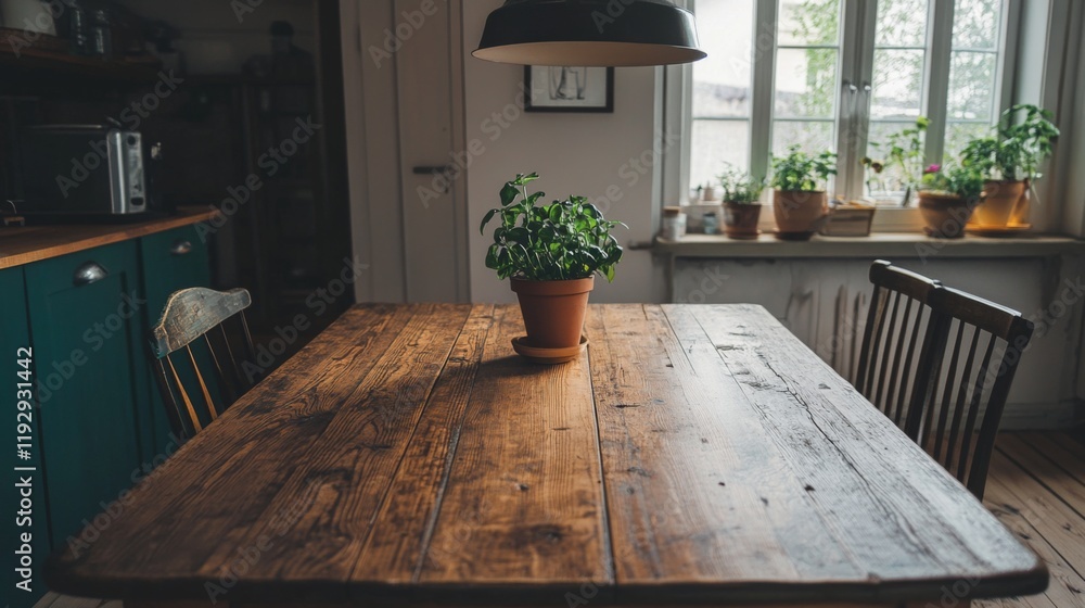 Fototapeta premium Rustic wooden kitchen table with potted herb, sunlight from window.