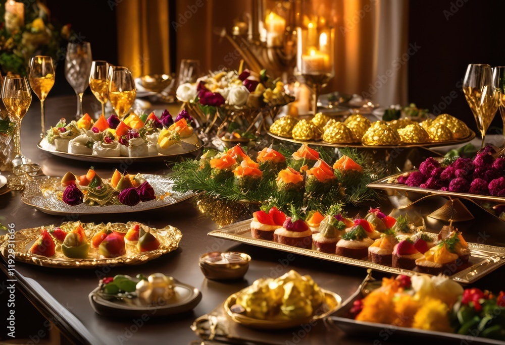 Naklejka premium delightful array colorful appetizers presented elegant serving platters visually appealing culinary experience, spread, display, arrangement, showcase