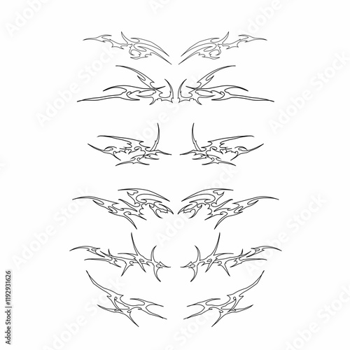 Set of neo tribal sigilisms vector with sharp and symmetrical shapes, cyber gothic tattoo elements, grunge streetwear ornament, t-shirt print and poster design apparel