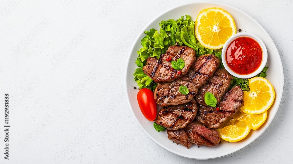 Grilled sliced pork with lemon, lettuce, and chili sauce on white plate.