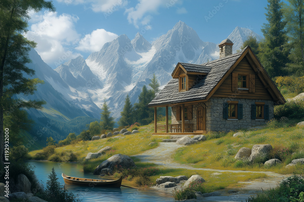 Fototapeta premium Cabane paisible au bord d’un lac de montagne avec barque et eau cristalline