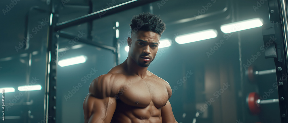 Muscular Fitness Model Posing Confidently in Modern Gym Studio Muscular Fitness Model Posing Confidently in Modern Gym Studio