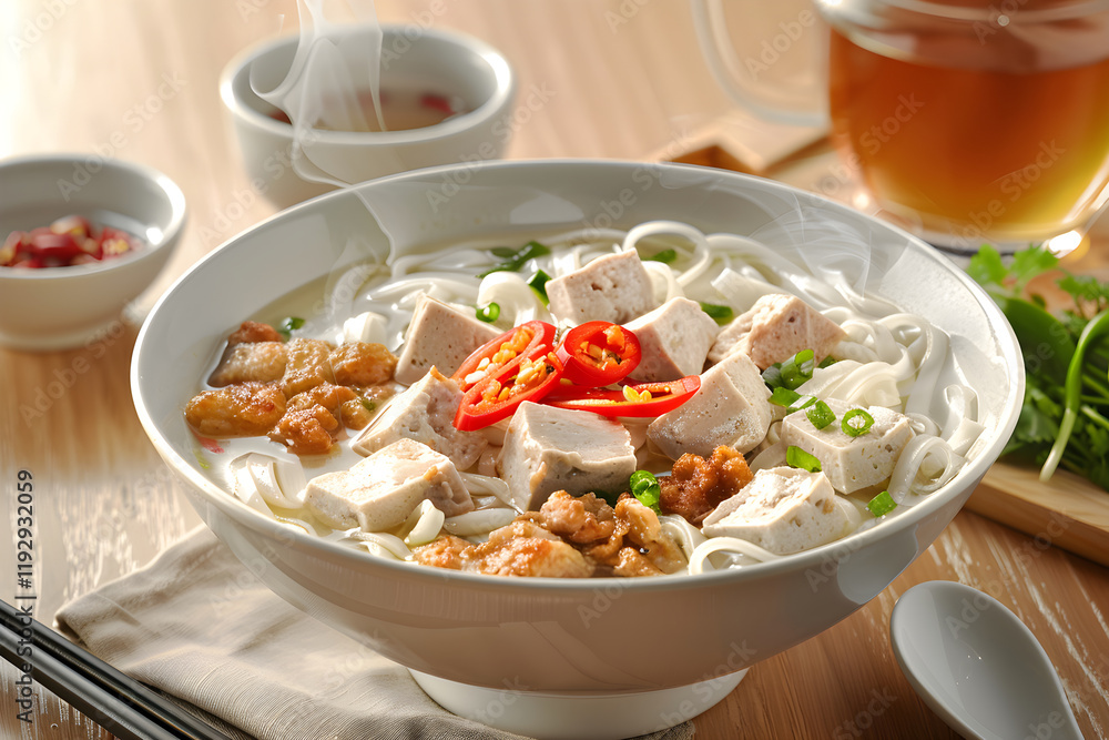 A Deliciously Prepared Kway Teow Noodle Soup Served with Roasted Pork, Tofu and Fresh Vegetables on a Wooden Table with a Cup of Hot Tea A Deliciously Prepared Kway Teow Noodle Soup Served with Roasted Pork, Tofu and Fresh Vegetables on a Wooden Table with a Cup of Hot Tea